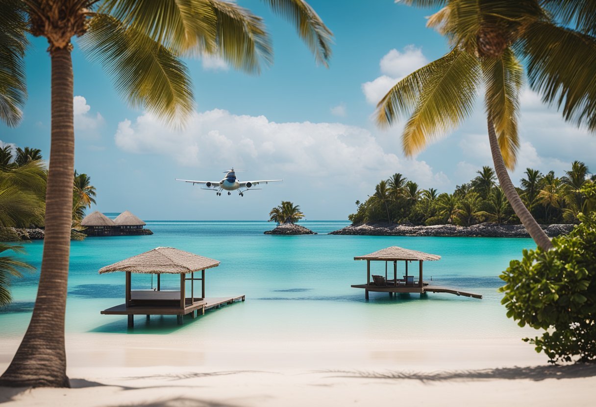 Uma praia cênica com palmeiras, água azul clara e um pequeno bangalô. Um casal relaxa na areia, enquanto um avião sobrevoa.