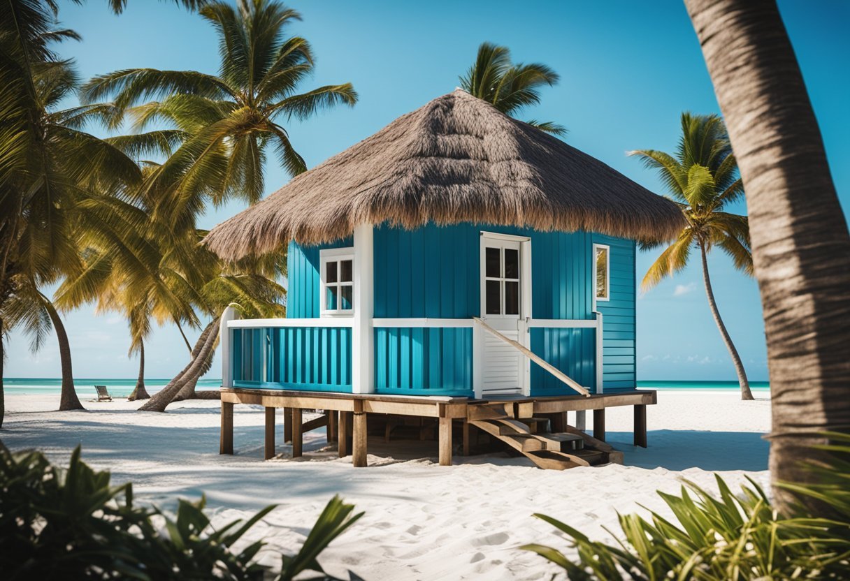 Uma simples cabana de praia aninhada entre palmeiras em uma praia de areia branca, com águas cristalinas e azuis e um céu azul claro acima.