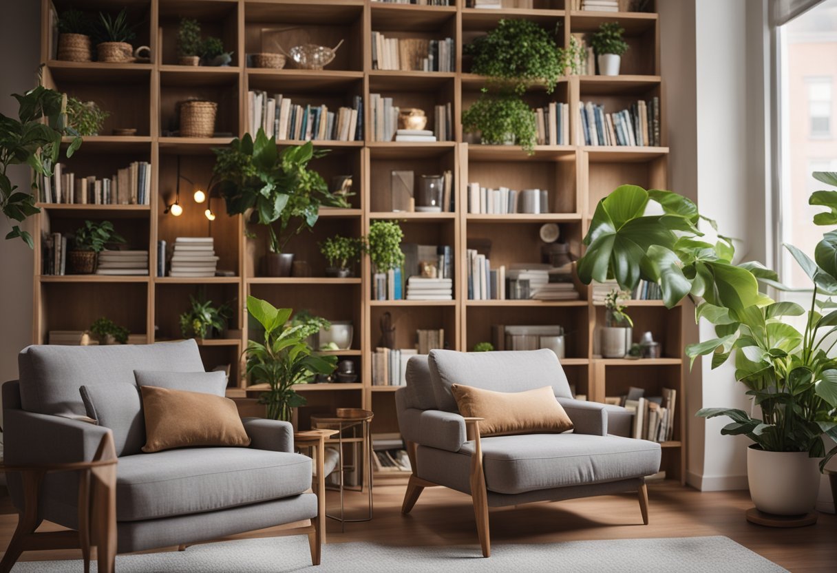 Uma sala de estar aconchegante com móveis confortáveis, iluminação suave e plantas. Uma estante cheia de livros e uma mesa com quebra-cabeças e jogos.
