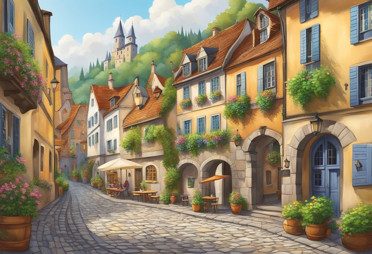 Uma rua de paralelepípedos serpenteia por uma charmosa vila europeia, cercada por edifícios coloridos e cafés ao ar livre. Um castelo medieval se ergue ao fundo, rodeado por uma vegetação exuberante.