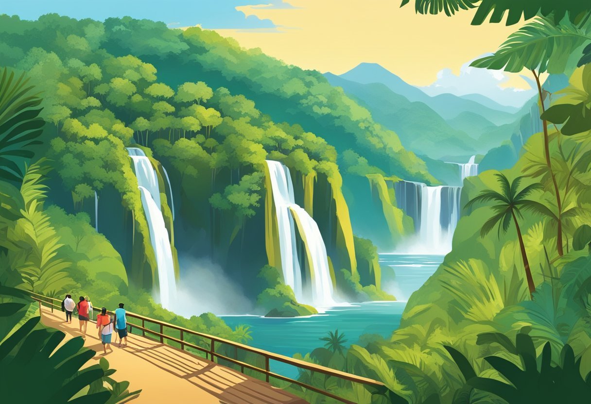 Um grupo de viajantes maduros explora as maravilhas naturais do Brasil: florestas tropicais exuberantes, cachoeiras em cascata, vida selvagem vibrante e praias pristine.