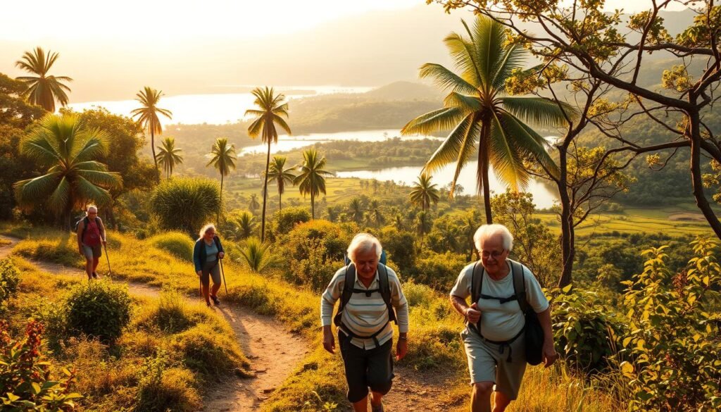 A serene outdoor scene showcasing the natural beauty of Brazil's countryside. In the foreground, a group of elderly hikers traverse a winding trail, their faces alight with wonder and curiosity. The middle ground features a lush, verdant landscape dotted with towering palm trees and vibrant foliage. In the distance, a tranquil lake reflects the warm, golden hues of the afternoon sun, creating a picturesque backdrop. The lighting is soft and diffused, casting a warm, inviting glow over the entire scene. The camera angle is slightly elevated, providing a panoramic view that emphasizes the vastness and grandeur of the natural setting. An atmosphere of peaceful exploration and joyful discovery pervades the image, capturing the essence of "Escapadas na Natureza no Brasil."