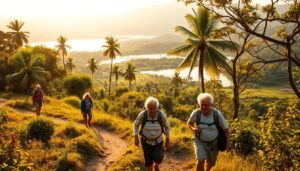 A serene outdoor scene showcasing the natural beauty of Brazil's countryside. In the foreground, a group of elderly hikers traverse a winding trail, their faces alight with wonder and curiosity. The middle ground features a lush, verdant landscape dotted with towering palm trees and vibrant foliage. In the distance, a tranquil lake reflects the warm, golden hues of the afternoon sun, creating a picturesque backdrop. The lighting is soft and diffused, casting a warm, inviting glow over the entire scene. The camera angle is slightly elevated, providing a panoramic view that emphasizes the vastness and grandeur of the natural setting. An atmosphere of peaceful exploration and joyful discovery pervades the image, capturing the essence of "Escapadas na Natureza no Brasil."