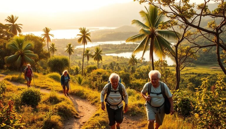 A serene outdoor scene showcasing the natural beauty of Brazil's countryside. In the foreground, a group of elderly hikers traverse a winding trail, their faces alight with wonder and curiosity. The middle ground features a lush, verdant landscape dotted with towering palm trees and vibrant foliage. In the distance, a tranquil lake reflects the warm, golden hues of the afternoon sun, creating a picturesque backdrop. The lighting is soft and diffused, casting a warm, inviting glow over the entire scene. The camera angle is slightly elevated, providing a panoramic view that emphasizes the vastness and grandeur of the natural setting. An atmosphere of peaceful exploration and joyful discovery pervades the image, capturing the essence of "Escapadas na Natureza no Brasil."