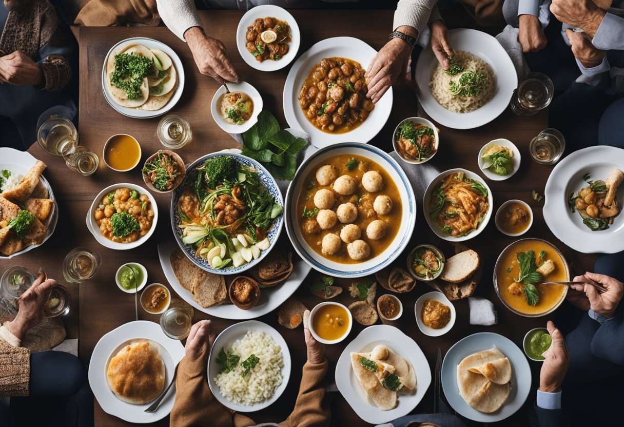 Uma mesa posta com 10 pratos tradicionais de diferentes partes do mundo, cercada por pessoas idosas desfrutando de uma refeição juntas.