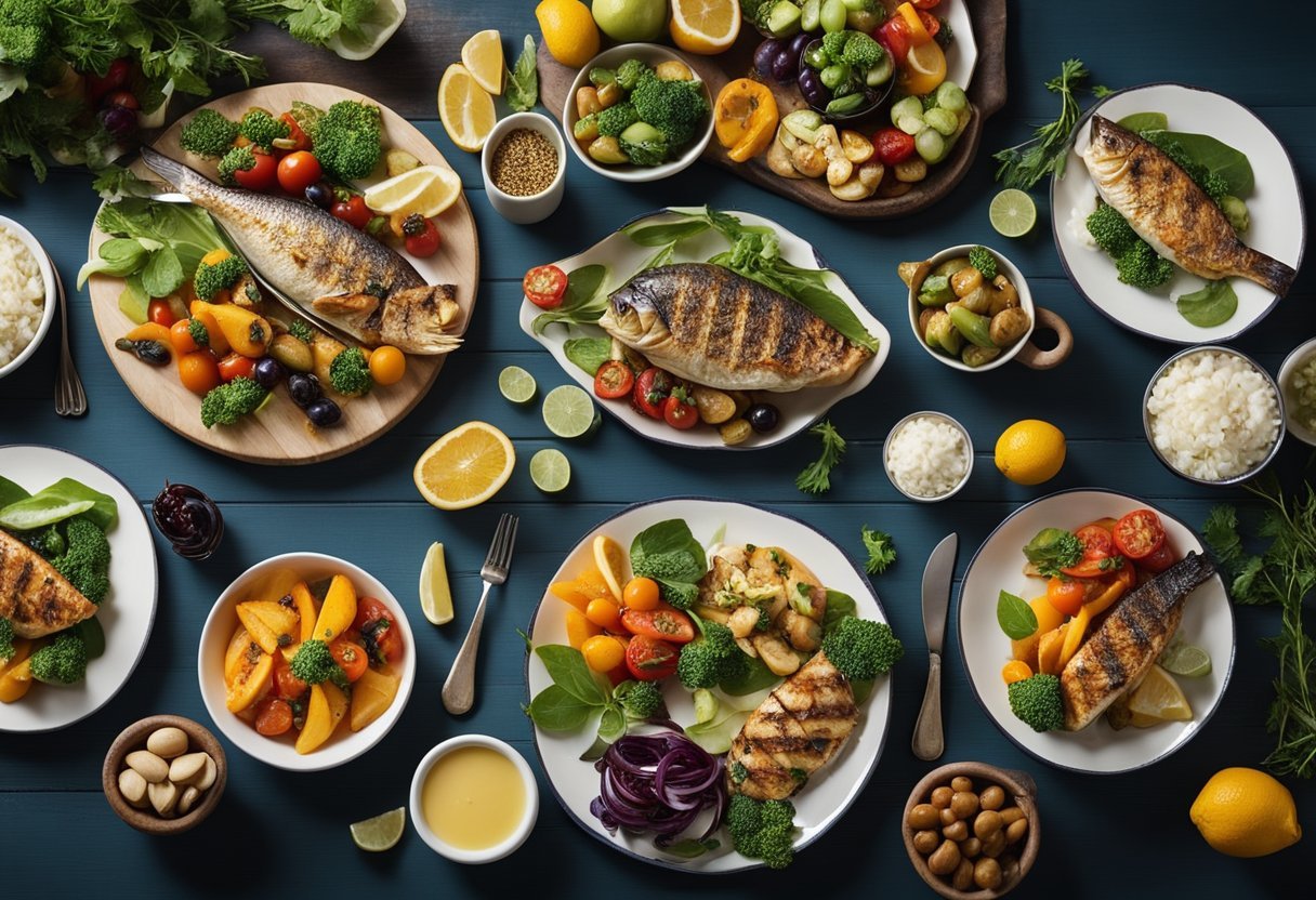 Uma mesa posta com uma variedade de pratos coloridos e ricos em nutrientes, incluindo peixe grelhado, legumes assados e frutas frescas, com foco no controle de porções e sabores equilibrados.