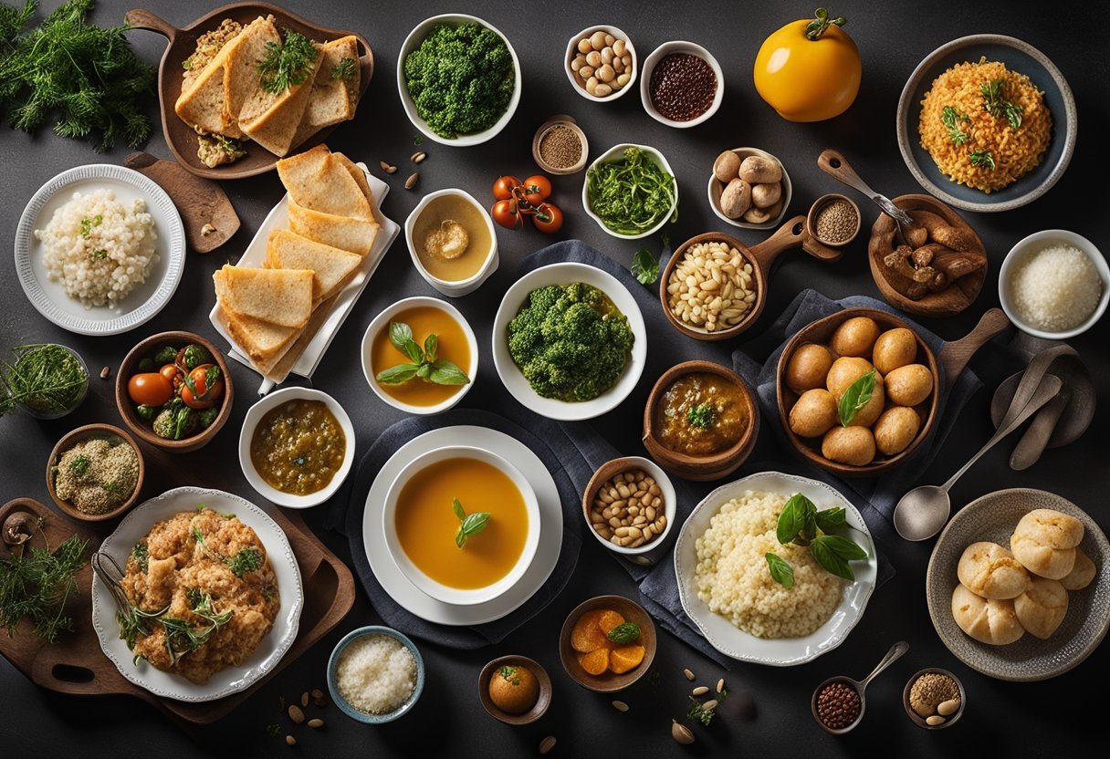Uma mesa posta com 10 pratos tradicionais para pessoas acima de 50 anos, cercada por vários utensílios de cozinha e ingredientes, evocando uma sensação de calor e conforto.
