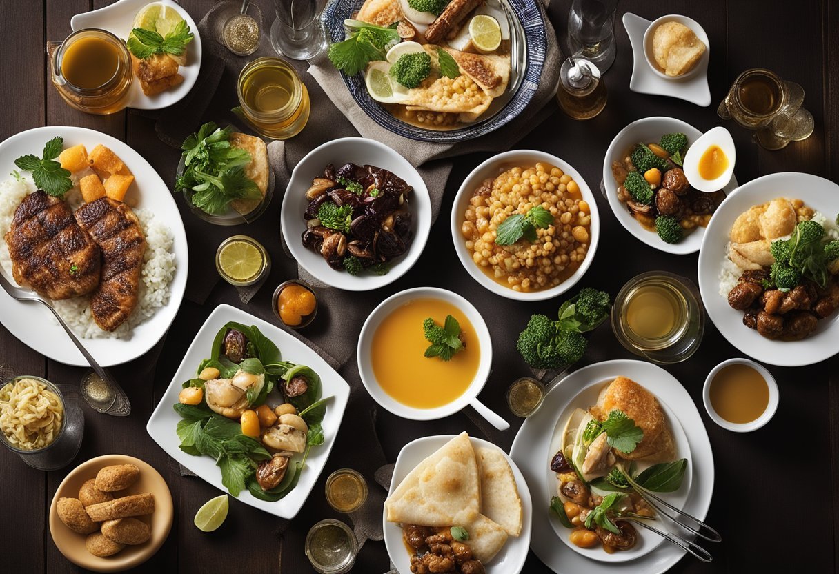 Uma mesa posta com uma variedade de pratos tradicionais e bebidas acompanhantes, com foco em opções saudáveis e saborosas para indivíduos acima de 50 anos.