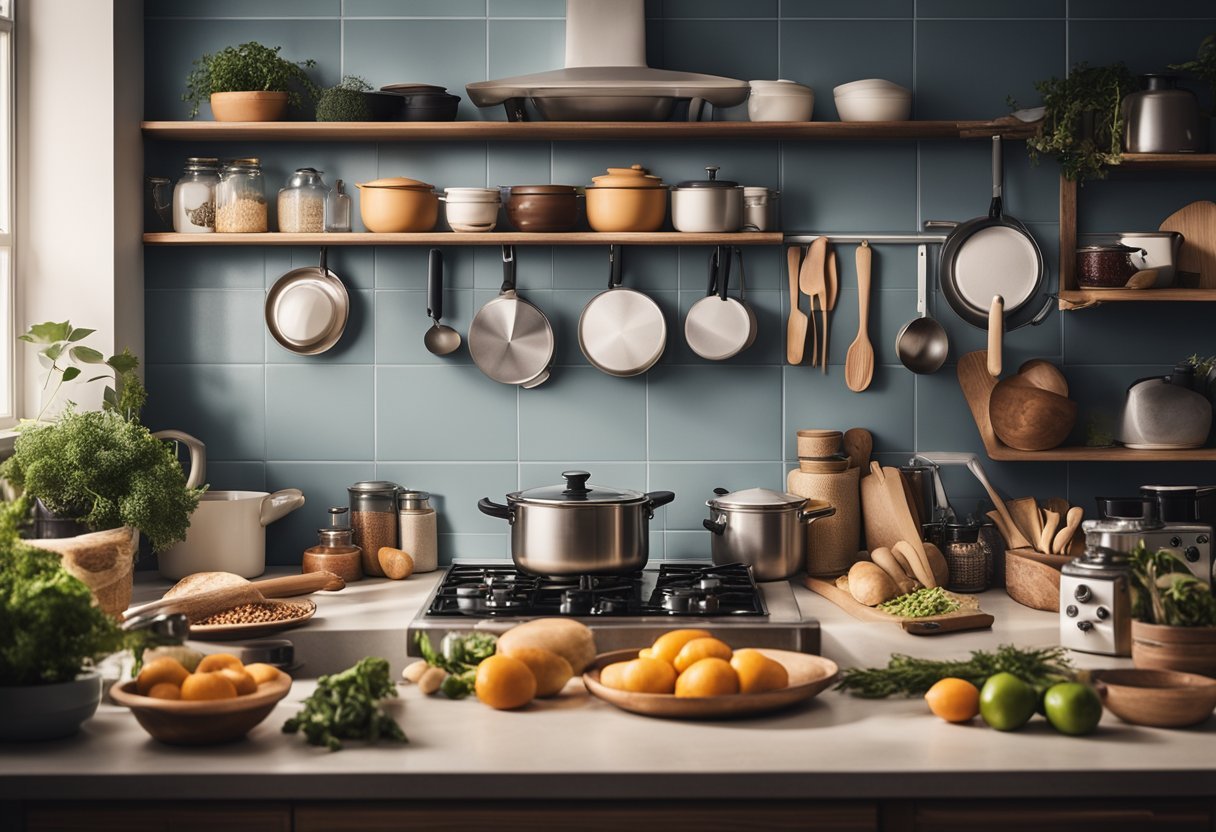 Uma bancada de cozinha com vários ingredientes, utensílios e livros de receitas, junto com uma panela e uma frigideira no fogão. Um calendário na parede mostra a data.