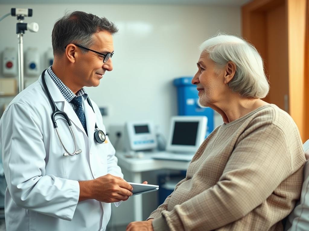 Médico atendendo paciente idoso em hospital internacional, demonstrando a importância do seguro para viagem internacional 50+