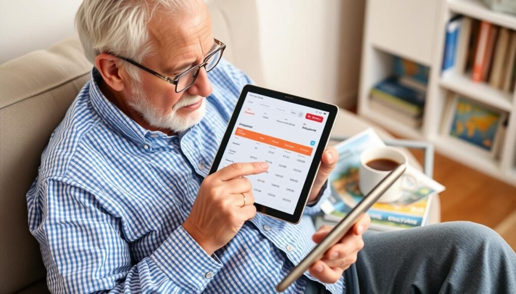 Pessoa idosa comparando preços de seguro para viagem internacional 50+ em tablet